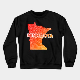 Colorful mandala art map of Minnesota with text in red and orange Crewneck Sweatshirt